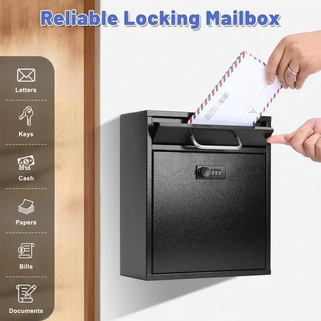 Alt view image 6 of 7 - Wall Mount Mailbox for Outside, Combination Lock, Large, Black | Sturdy Steel, Anti-theft Large Drop Box, Ideal for Home, Office, School Daily Mail/Key/Cash Storage, 12H" x 10.5L" x 4.6W"