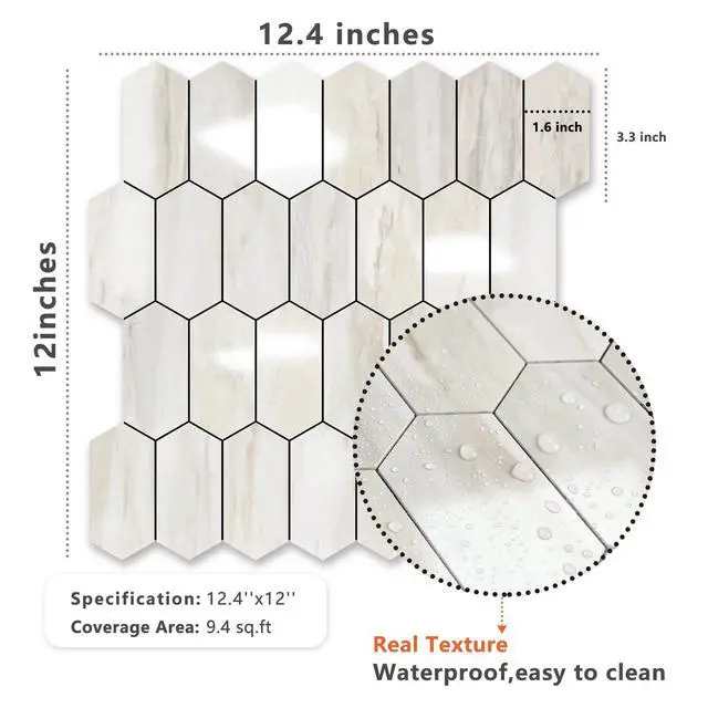 Alt view image 5 of 7 - Long Hexagon Peel and Stick Backsplash Tile - 10 Sheets Stick on Backsplash for Kitchen and Bathroom 12.4 x 12 Inch Glossy Wood Grain PVC Self Adhesive Mosaic Wall Tiles