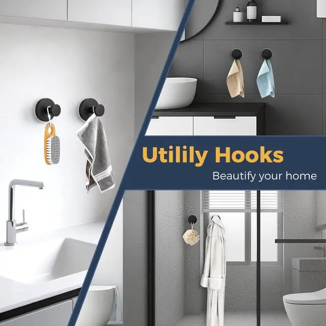 Alt view image 6 of 6 - Large Suction Cup Hooks for Shower,Heavy Duty 15lbs Shower Hooks for Inside Shower,No-Drill Removable Towel Hooks for Bathroom,4 Packs(Matte Black)