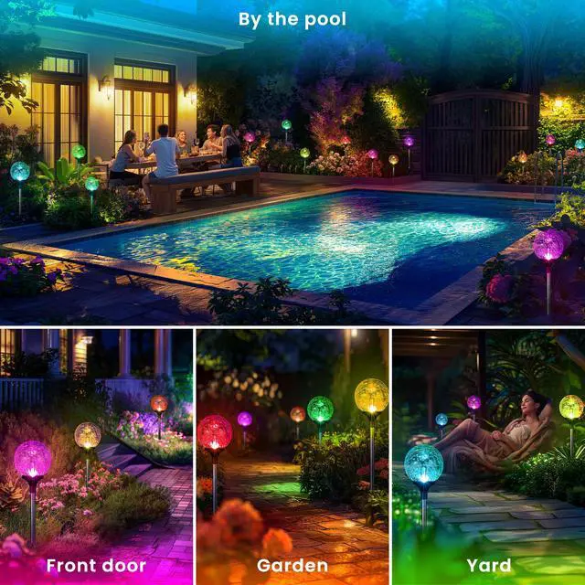 Alt view image 2 of 6 - Solar Garden Lights 6 Pack, Solar Lights Outdoor Decorative | Outdoor Solar Lights for Yard Decorations Waterproof, Multi-Colored Changing Garden Globe Cracked Glass Ball with LED Lights