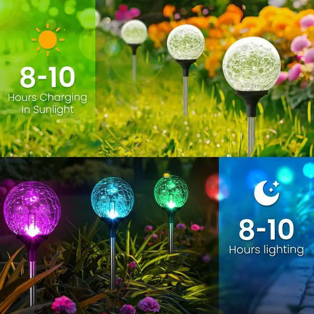 Alt view image 4 of 6 - Solar Garden Lights 6 Pack, Solar Lights Outdoor Decorative | Outdoor Solar Lights for Yard Decorations Waterproof, Multi-Colored Changing Garden Globe Cracked Glass Ball with LED Lights