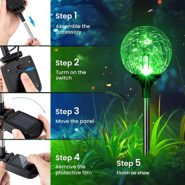 Alt view image 5 of 6 - Solar Garden Lights 6 Pack, Solar Lights Outdoor Decorative | Outdoor Solar Lights for Yard Decorations Waterproof, Multi-Colored Changing Garden Globe Cracked Glass Ball with LED Lights