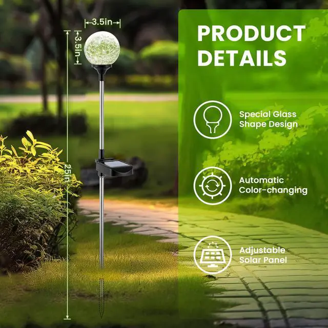 Alt view image 6 of 6 - Solar Garden Lights 6 Pack, Solar Lights Outdoor Decorative | Outdoor Solar Lights for Yard Decorations Waterproof, Multi-Colored Changing Garden Globe Cracked Glass Ball with LED Lights