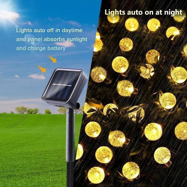 Alt view image 3 of 7 - Solar String Lights Outdoorf, 56ft 100 LED Globe String Light | 8 Mode, Waterproof Crystall Ball Lights Solar Patio Lights for Garden, Lawn, Patio, Gazebo, Yard, Outdoor Decor - Warm White