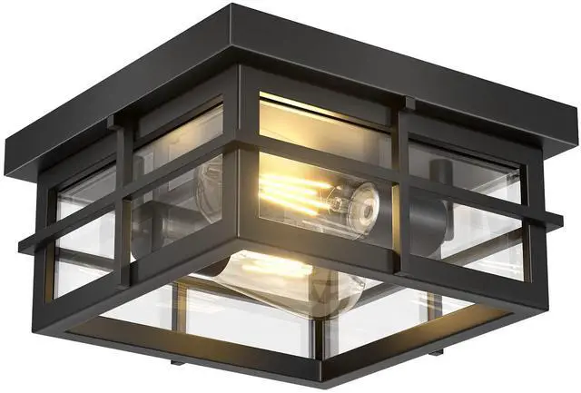 Main image of Modern Outdoor Ceiling Light Fixtures, 2-Light Black Flush Mount Light Fixtures with Clear Glass Shade, Farmhouse Square Ceiling Lighting for Porch Bathroom Kitchen (Bulbs Not Included)