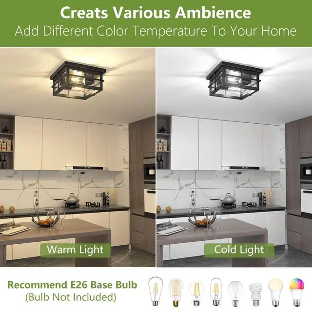Alt view image 2 of 7 - Modern Outdoor Ceiling Light Fixtures, 2-Light Black Flush Mount Light Fixtures with Clear Glass Shade, Farmhouse Square Ceiling Lighting for Porch Bathroom Kitchen (Bulbs Not Included)