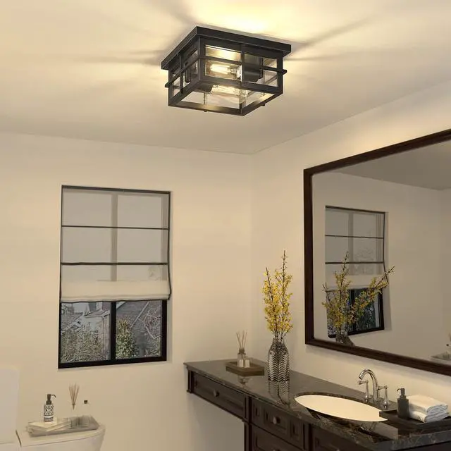 Alt view image 4 of 7 - Modern Outdoor Ceiling Light Fixtures, 2-Light Black Flush Mount Light Fixtures with Clear Glass Shade, Farmhouse Square Ceiling Lighting for Porch Bathroom Kitchen (Bulbs Not Included)