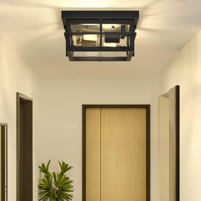 Alt view image 6 of 7 - Modern Outdoor Ceiling Light Fixtures, 2-Light Black Flush Mount Light Fixtures with Clear Glass Shade, Farmhouse Square Ceiling Lighting for Porch Bathroom Kitchen (Bulbs Not Included)