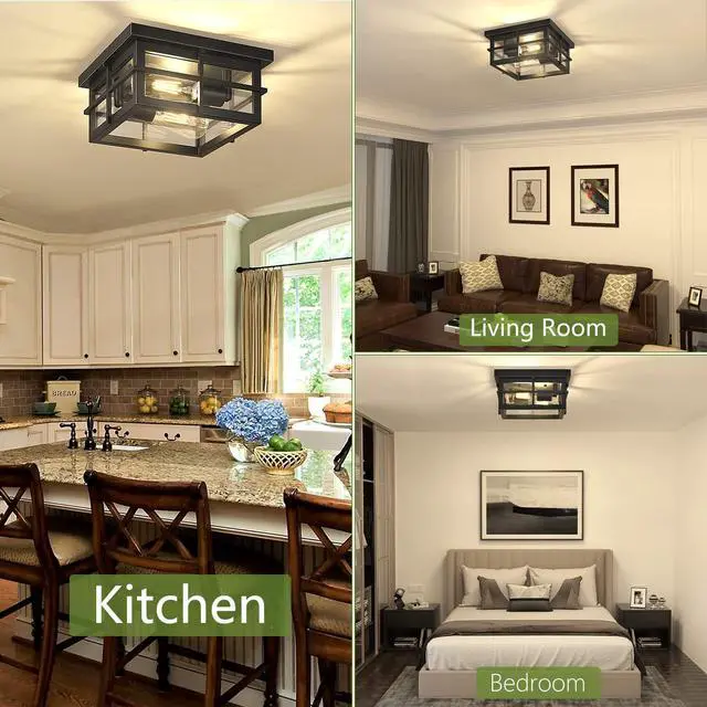 Alt view image 5 of 7 - Modern Outdoor Ceiling Light Fixtures, 2-Light Black Flush Mount Light Fixtures with Clear Glass Shade, Farmhouse Square Ceiling Lighting for Porch Bathroom Kitchen (Bulbs Not Included)