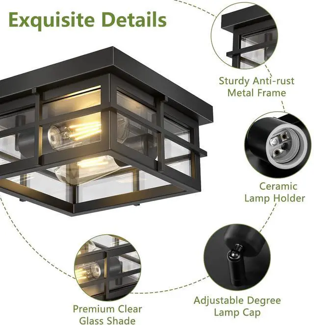 Alt view image 7 of 7 - Modern Outdoor Ceiling Light Fixtures, 2-Light Black Flush Mount Light Fixtures with Clear Glass Shade, Farmhouse Square Ceiling Lighting for Porch Bathroom Kitchen (Bulbs Not Included)