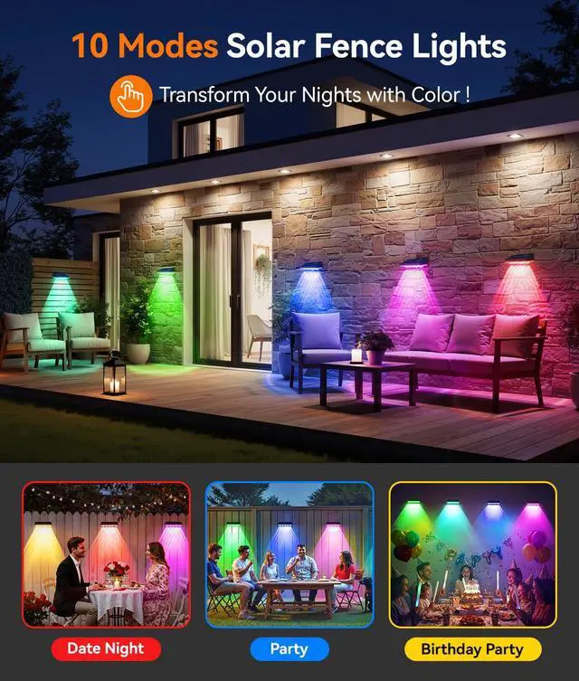 Alt view image 3 of 7 - Solar Fence Lights Outdoor Waterproof, 8 Pack Warm White & 9 Fixed Colors & Color Changing Fence Lights Solar Powered, Solar Lights Outdoor Fence for Outside Backyard Railing Patio Wall Deck