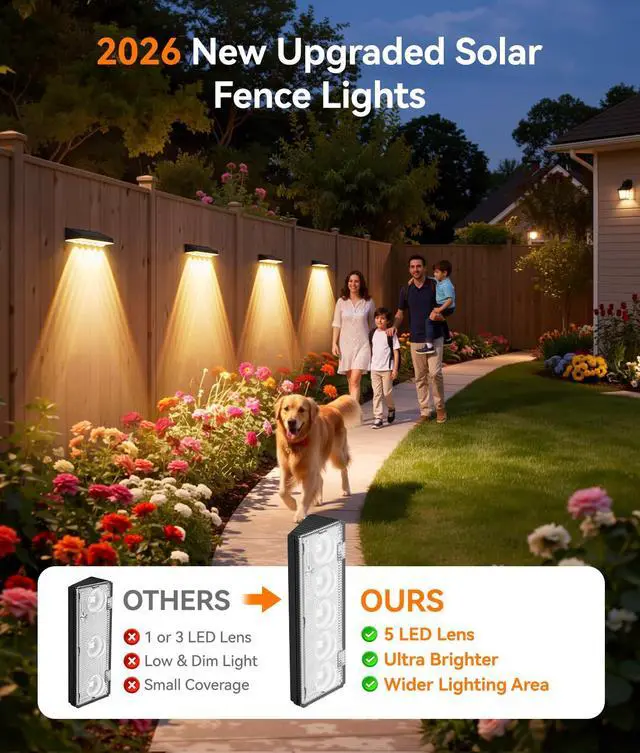Alt view image 2 of 7 - Solar Fence Lights Outdoor Waterproof, 8 Pack Warm White & 9 Fixed Colors & Color Changing Fence Lights Solar Powered, Solar Lights Outdoor Fence for Outside Backyard Railing Patio Wall Deck