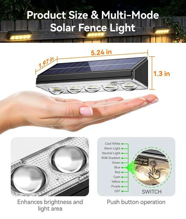 Alt view image 5 of 7 - Solar Fence Lights Outdoor Waterproof, 8 Pack Warm White & 9 Fixed Colors & Color Changing Fence Lights Solar Powered, Solar Lights Outdoor Fence for Outside Backyard Railing Patio Wall Deck