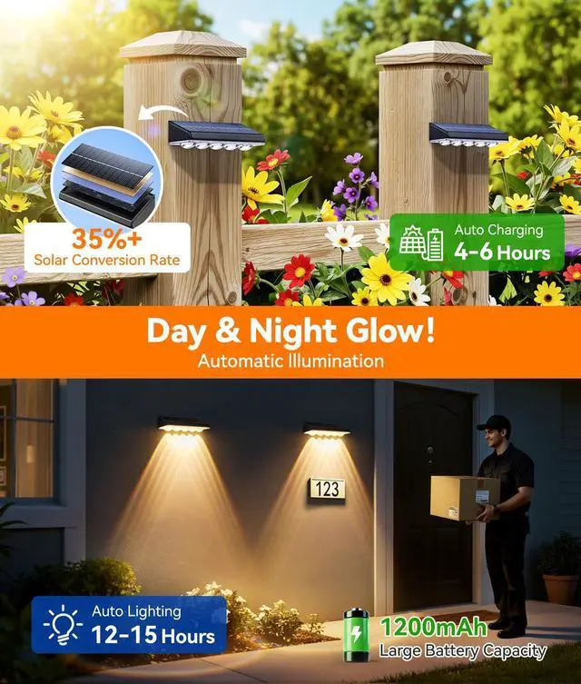 Alt view image 6 of 7 - Solar Fence Lights Outdoor Waterproof, 8 Pack Warm White & 9 Fixed Colors & Color Changing Fence Lights Solar Powered, Solar Lights Outdoor Fence for Outside Backyard Railing Patio Wall Deck