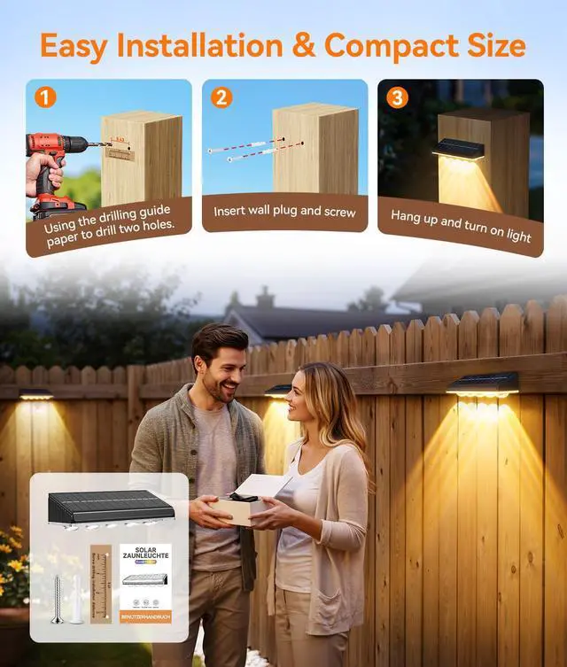 Alt view image 7 of 7 - Solar Fence Lights Outdoor Waterproof, 8 Pack Warm White & 9 Fixed Colors & Color Changing Fence Lights Solar Powered, Solar Lights Outdoor Fence for Outside Backyard Railing Patio Wall Deck