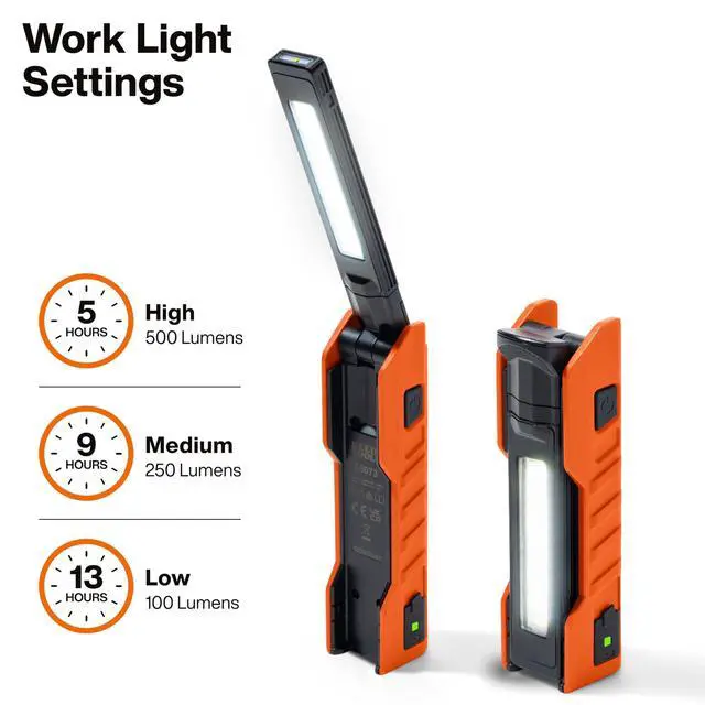 Alt view image 2 of 7 - 56073 Foldable Handheld Work Light, 500-Lumen LED with 180-Degree Pivot and 270-Degree Rotation, USB-C Rechargeable Flashlight with Built-In Spotlight, Magnetic Base, IP54-Rated