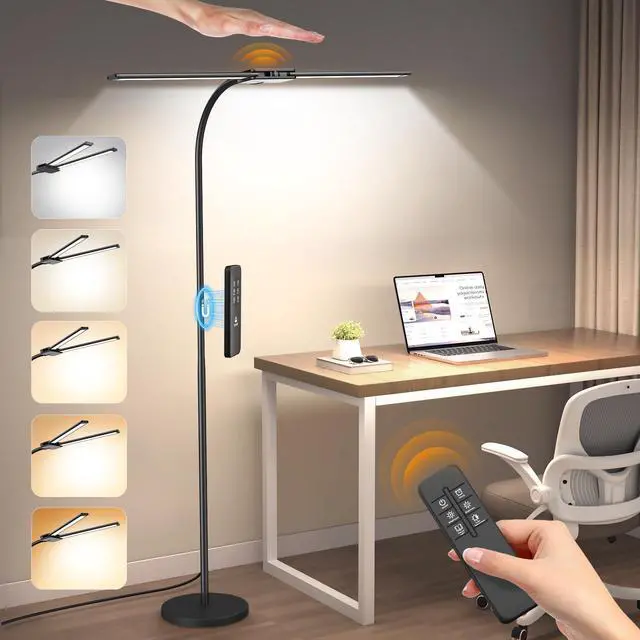 Main image of LED Floor Lamp, 18W 2000LM Bright Floor Lamp for Office, Living Room | Focused & Wide-Area Dual Light, Flexible Neck, Eye Care, Dimmable Brightness & Color Temp, Auto Timer, Remote/Gesture Control