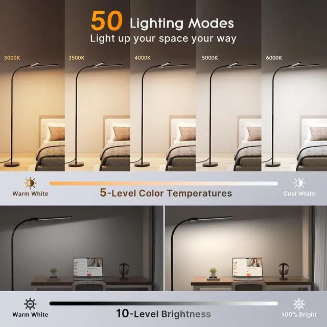 Alt view image 2 of 7 - LED Floor Lamp, 18W 2000LM Bright Floor Lamp for Office, Living Room | Focused & Wide-Area Dual Light, Flexible Neck, Eye Care, Dimmable Brightness & Color Temp, Auto Timer, Remote/Gesture Control