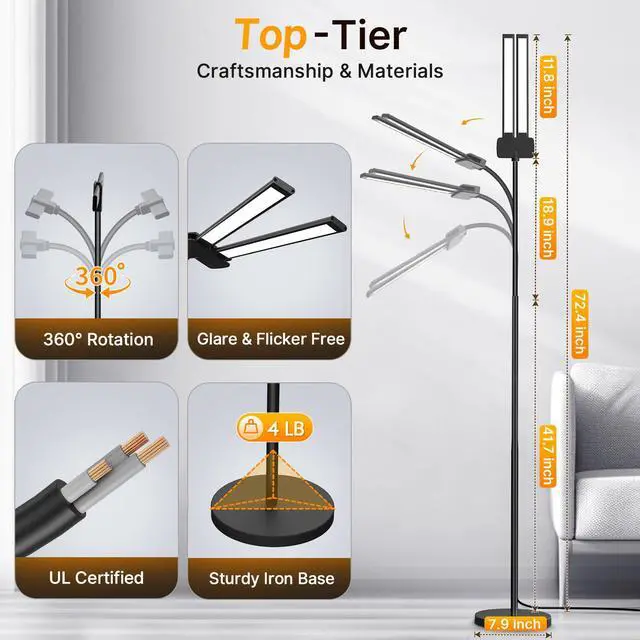 Alt view image 4 of 7 - LED Floor Lamp, 18W 2000LM Bright Floor Lamp for Office, Living Room | Focused & Wide-Area Dual Light, Flexible Neck, Eye Care, Dimmable Brightness & Color Temp, Auto Timer, Remote/Gesture Control