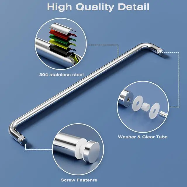 Alt view image 3 of 7 - 24 Inch Shower Door Handle, Single-Sided Towel Bar, Polished Chrome | 304 Stainless Steel, Fits 1/4"1/2" Glass, 24" Hole Spacing, for Sliding Shower Doors, Tub Doors and Shower Enclosures