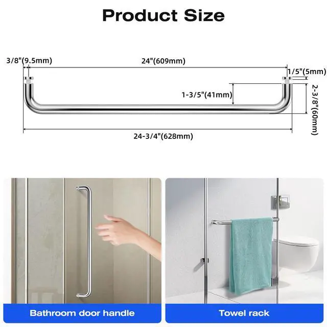 Alt view image 2 of 7 - 24 Inch Shower Door Handle, Single-Sided Towel Bar, Polished Chrome | 304 Stainless Steel, Fits 1/4"1/2" Glass, 24" Hole Spacing, for Sliding Shower Doors, Tub Doors and Shower Enclosures