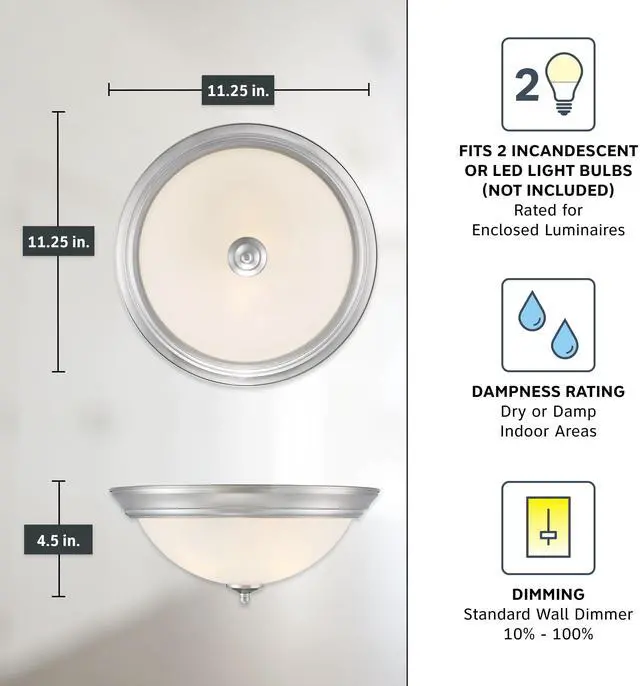 Alt view image 4 of 6 - Flush Mount Ceiling Light, 11 Inch Frosted Glass Lighting Fixture for Kitchen, Bedroom, Bathroom, and Hallway, LED Bulbs Not Included, Brushed Nickel