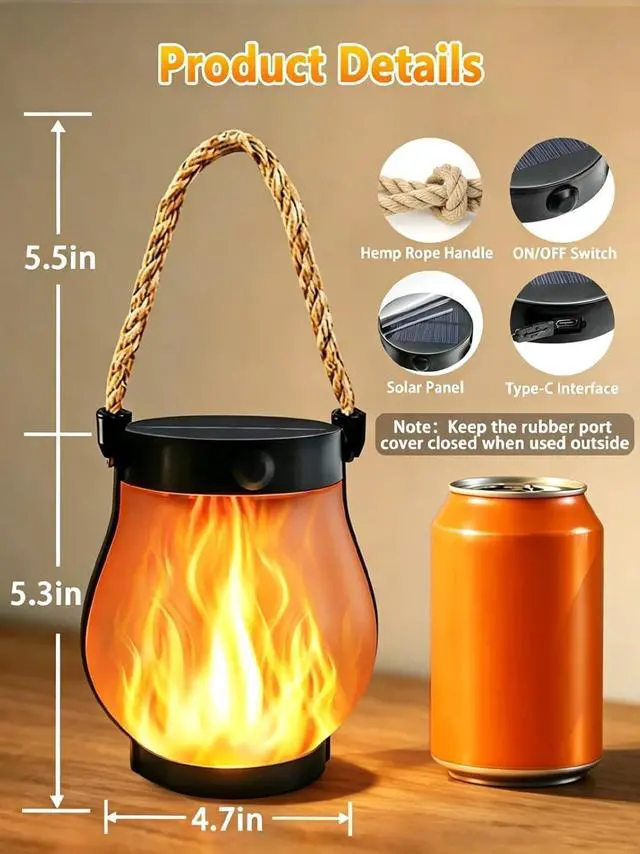Alt view image 3 of 7 - 4 Pack Gen2 Solar Lanterns Outdoor Waterproof Hanging Solar Flame Lights | USB & Solar Charging, 2 Modes, Auto ON/OFF, IP65 Waterproof, Hemp Rope Handle, Indoor Outdoor for Garden Tree Tabletop Decor