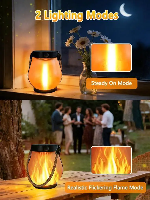 Alt view image 2 of 7 - 4 Pack Gen2 Solar Lanterns Outdoor Waterproof Hanging Solar Flame Lights | USB & Solar Charging, 2 Modes, Auto ON/OFF, IP65 Waterproof, Hemp Rope Handle, Indoor Outdoor for Garden Tree Tabletop Decor