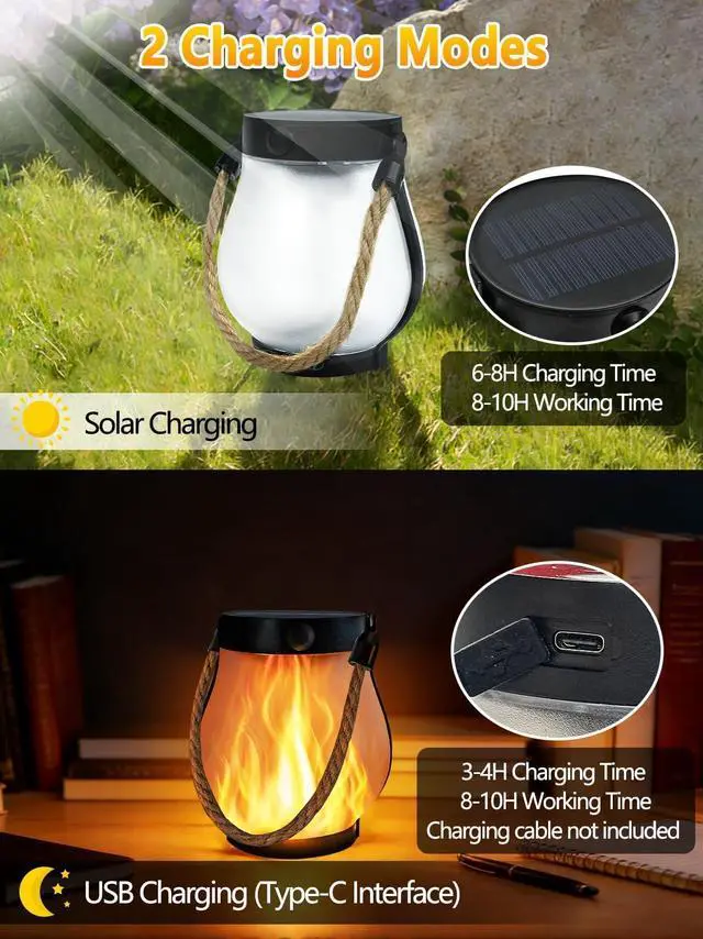 Alt view image 5 of 7 - 4 Pack Gen2 Solar Lanterns Outdoor Waterproof Hanging Solar Flame Lights | USB & Solar Charging, 2 Modes, Auto ON/OFF, IP65 Waterproof, Hemp Rope Handle, Indoor Outdoor for Garden Tree Tabletop Decor