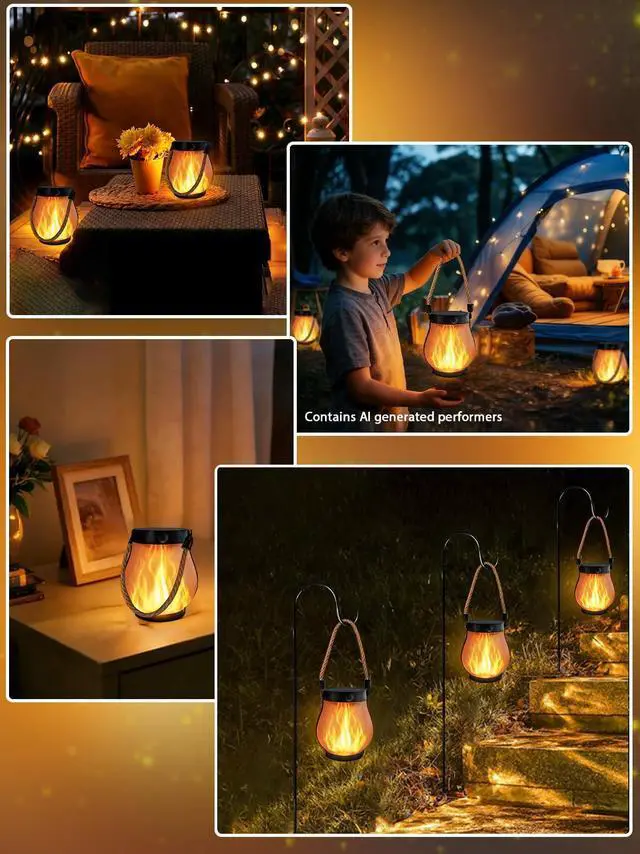 Alt view image 7 of 7 - 4 Pack Gen2 Solar Lanterns Outdoor Waterproof Hanging Solar Flame Lights | USB & Solar Charging, 2 Modes, Auto ON/OFF, IP65 Waterproof, Hemp Rope Handle, Indoor Outdoor for Garden Tree Tabletop Decor
