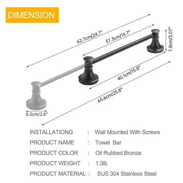 Alt view image 7 of 7 - Towel Racks for Bathroom Wall Mounted Bath Towel Bar Oil Rubbed Bronze | Adjustable 16-26 In, Wall Mounted Towel Holder, Stainless Steel, Rustproof, Towel Bar Rod Hanger Hardware Accessories Hotel