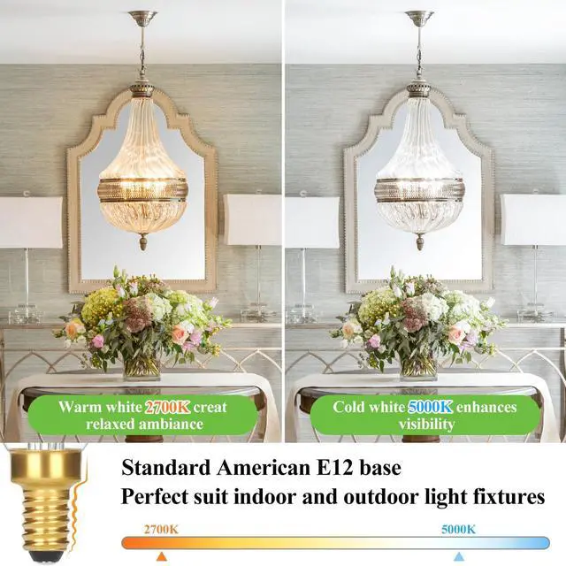 Alt view image 4 of 7 - Dimmable E12 Candelabra LED Light Bulbs 60 Watt Equivalent, 6W 630LM Chandelier Light Bulb 2700K Soft Warm White, Vintage LED Filament Clear Glass Candle Light Bulbs, 90+ CRI, No Flicker, 12-Pack