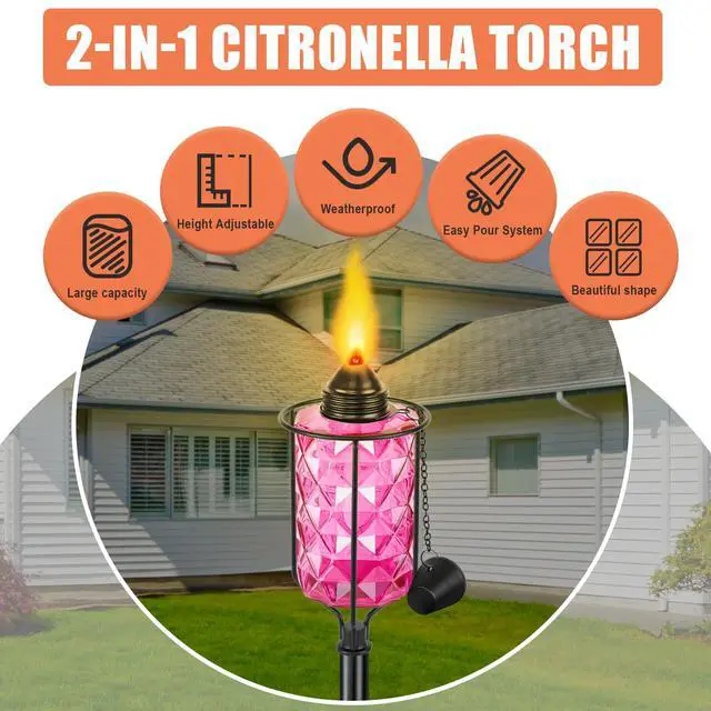 Alt view image 2 of 7 - Glass Garden Torch for Outside 4 Pack, Citronella Torches with 5-Prong Grounded Stake,Colorful Outdoor Torch Garden Decor Canisters 12 oz,Metal Light Torches for Party Patio Pathway