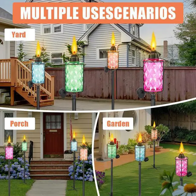Alt view image 3 of 7 - Glass Garden Torch for Outside 4 Pack, Citronella Torches with 5-Prong Grounded Stake,Colorful Outdoor Torch Garden Decor Canisters 12 oz,Metal Light Torches for Party Patio Pathway