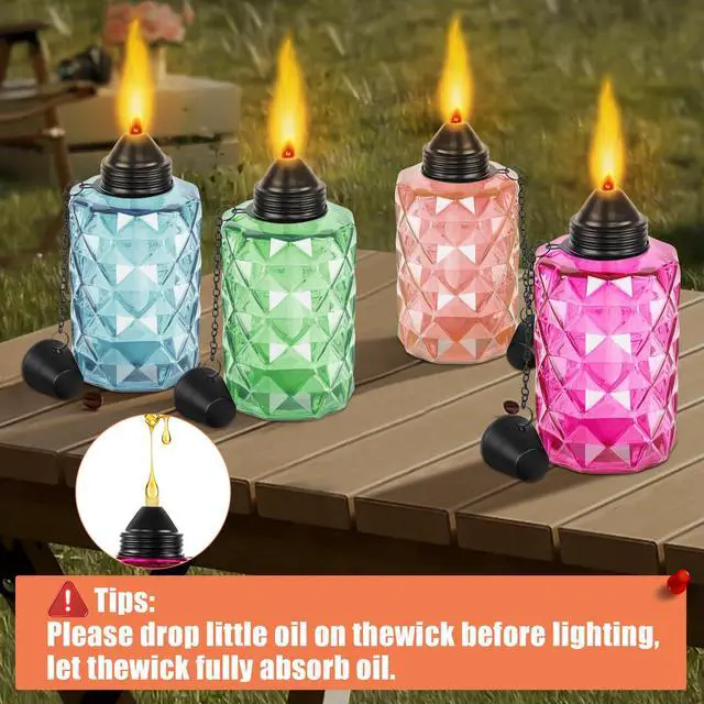 Alt view image 4 of 7 - Glass Garden Torch for Outside 4 Pack, Citronella Torches with 5-Prong Grounded Stake,Colorful Outdoor Torch Garden Decor Canisters 12 oz,Metal Light Torches for Party Patio Pathway