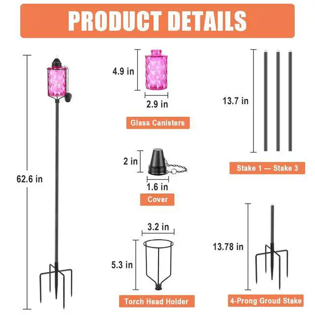 Alt view image 6 of 7 - Glass Garden Torch for Outside 4 Pack, Citronella Torches with 5-Prong Grounded Stake,Colorful Outdoor Torch Garden Decor Canisters 12 oz,Metal Light Torches for Party Patio Pathway