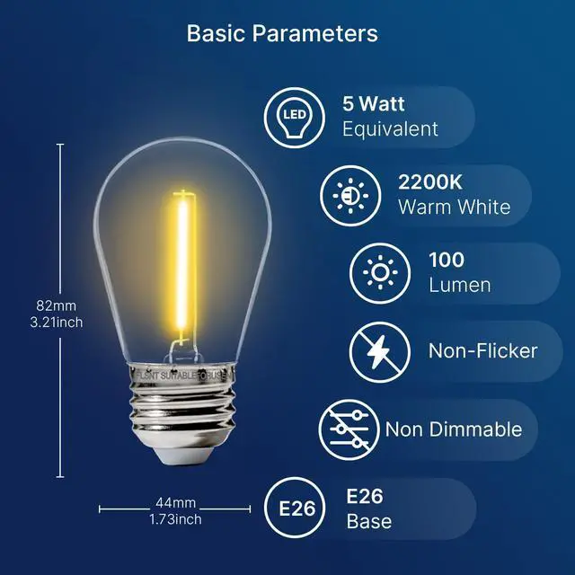 Alt view image 2 of 7 - 15 Pack Outdoor LED Replacement Bulbs for String Light, S14 LED Hanging Light Bulbs for Patio, Garden, E26 Base, 2200K Warm White, Non-Dimmable