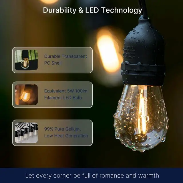 Alt view image 3 of 7 - 15 Pack Outdoor LED Replacement Bulbs for String Light, S14 LED Hanging Light Bulbs for Patio, Garden, E26 Base, 2200K Warm White, Non-Dimmable