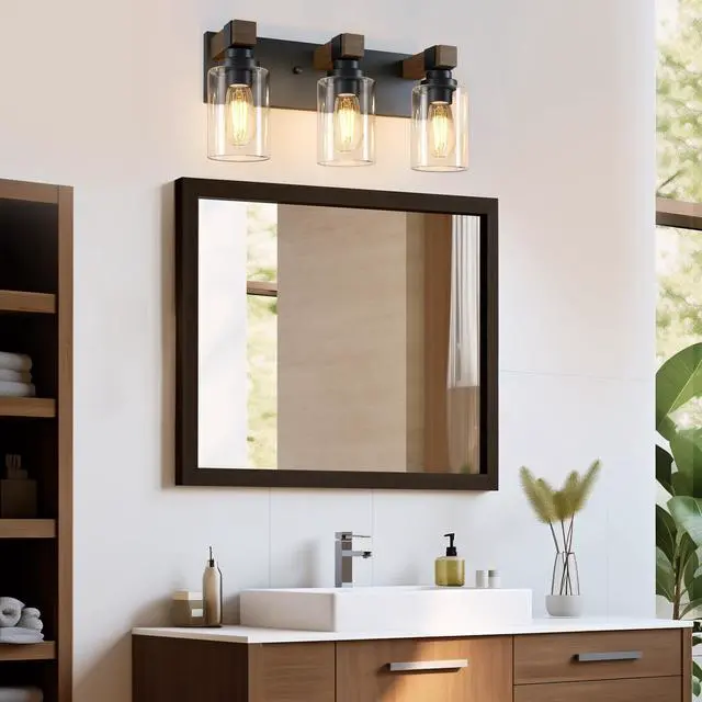 Alt view image 2 of 7 - Farmhouse 3-Light Bathroom Vanity Light Fixtures, Black and Wood | 18.8 Rustic Matte Black Metal Frame, Clear Glass Shades, Vintage Wall Sconces Lighting Over Mirror, for Bathroom Restroom