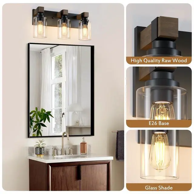 Alt view image 3 of 7 - Farmhouse 3-Light Bathroom Vanity Light Fixtures, Black and Wood | 18.8 Rustic Matte Black Metal Frame, Clear Glass Shades, Vintage Wall Sconces Lighting Over Mirror, for Bathroom Restroom
