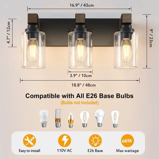 Alt view image 4 of 7 - Farmhouse 3-Light Bathroom Vanity Light Fixtures, Black and Wood | 18.8 Rustic Matte Black Metal Frame, Clear Glass Shades, Vintage Wall Sconces Lighting Over Mirror, for Bathroom Restroom