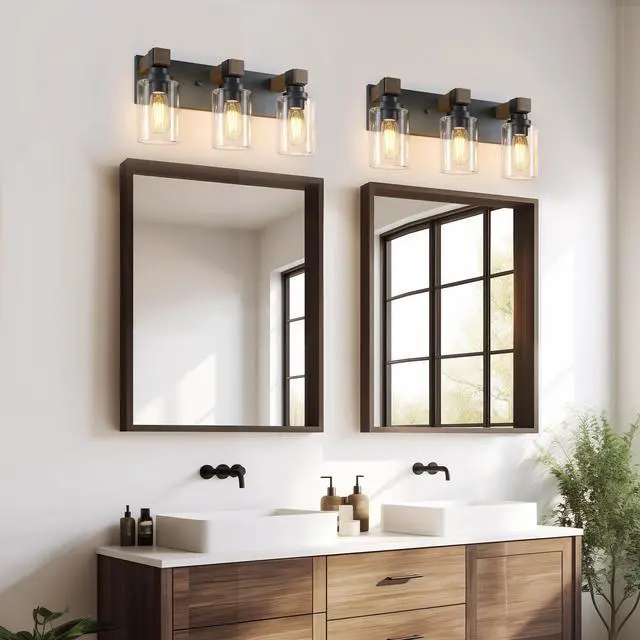 Alt view image 5 of 7 - Farmhouse 3-Light Bathroom Vanity Light Fixtures, Black and Wood | 18.8 Rustic Matte Black Metal Frame, Clear Glass Shades, Vintage Wall Sconces Lighting Over Mirror, for Bathroom Restroom