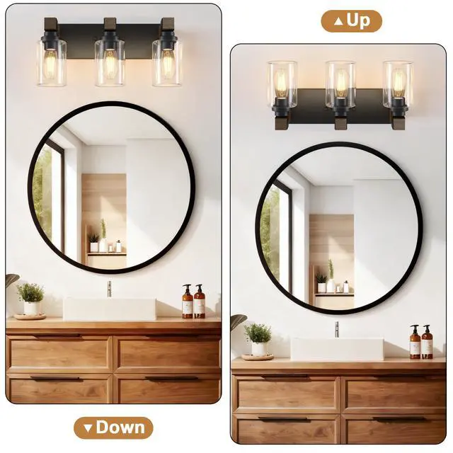 Alt view image 6 of 7 - Farmhouse 3-Light Bathroom Vanity Light Fixtures, Black and Wood | 18.8 Rustic Matte Black Metal Frame, Clear Glass Shades, Vintage Wall Sconces Lighting Over Mirror, for Bathroom Restroom