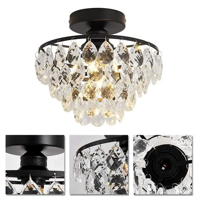 Alt view image 4 of 7 - Modern Small Crystal Ceiling Light Fixture Mini Black Semi Flush Mount Chandelier Light Fixture for Hallway Bedroom Bathroom Closet e26