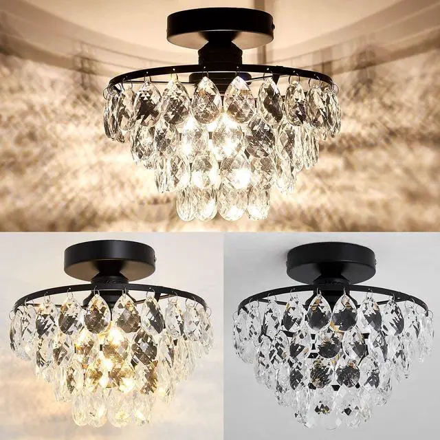 Alt view image 3 of 7 - Modern Small Crystal Ceiling Light Fixture Mini Black Semi Flush Mount Chandelier Light Fixture for Hallway Bedroom Bathroom Closet e26