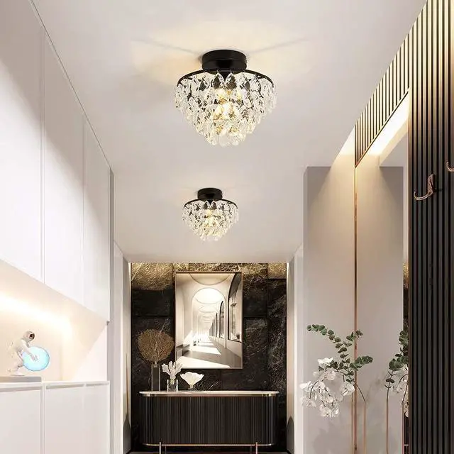 Alt view image 6 of 7 - Modern Small Crystal Ceiling Light Fixture Mini Black Semi Flush Mount Chandelier Light Fixture for Hallway Bedroom Bathroom Closet e26