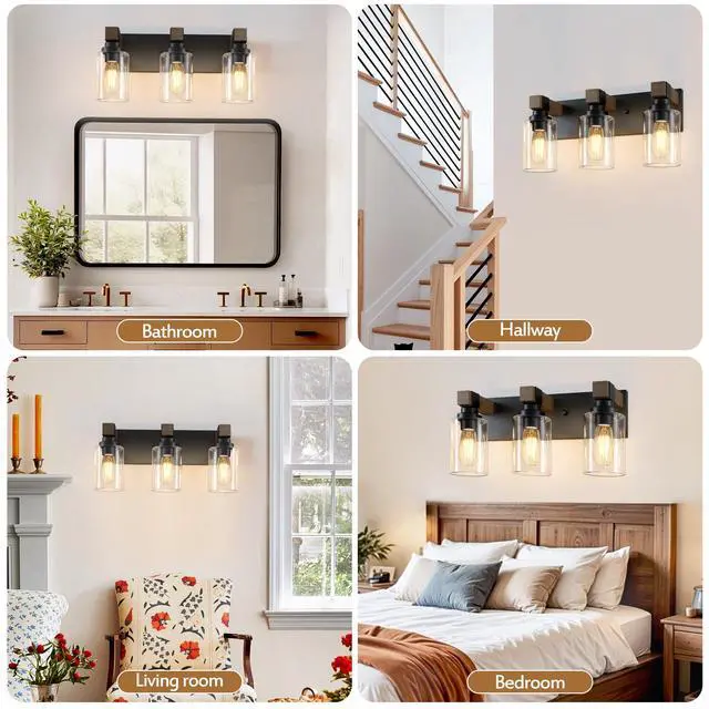 Alt view image 7 of 7 - Farmhouse 3-Light Bathroom Vanity Light Fixtures, Black and Wood | 18.8 Rustic Matte Black Metal Frame, Clear Glass Shades, Vintage Wall Sconces Lighting Over Mirror, for Bathroom Restroom