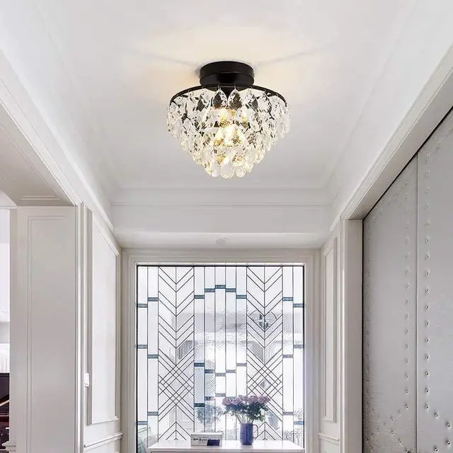 Alt view image 7 of 7 - Modern Small Crystal Ceiling Light Fixture Mini Black Semi Flush Mount Chandelier Light Fixture for Hallway Bedroom Bathroom Closet e26