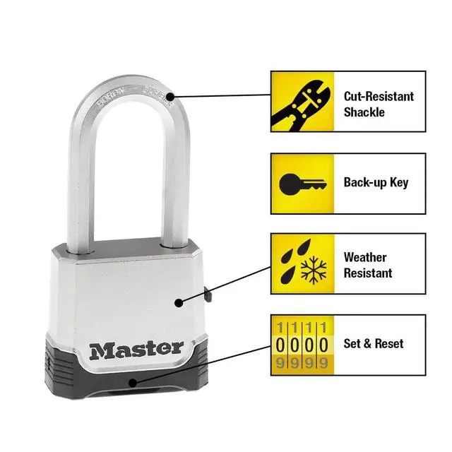 Alt view image 2 of 6 - Silver Outdoor Combination Lock, Heavy Duty Weather Resistant Padlock with Resettable Code and Cut Resistant Boron Carbide Shackle for Outdoor Use, M176XDLH
