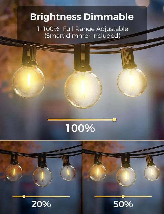 Alt view image 4 of 7 - Patio Lights, Smart 50Ft Outdoor String Lights with 25 G40 Bulbs | Dimmable LED Globe Bulbs, APP Control, Works with Alexa, IP65 Waterproof, Connectable Design for Outdoor Patio Decor